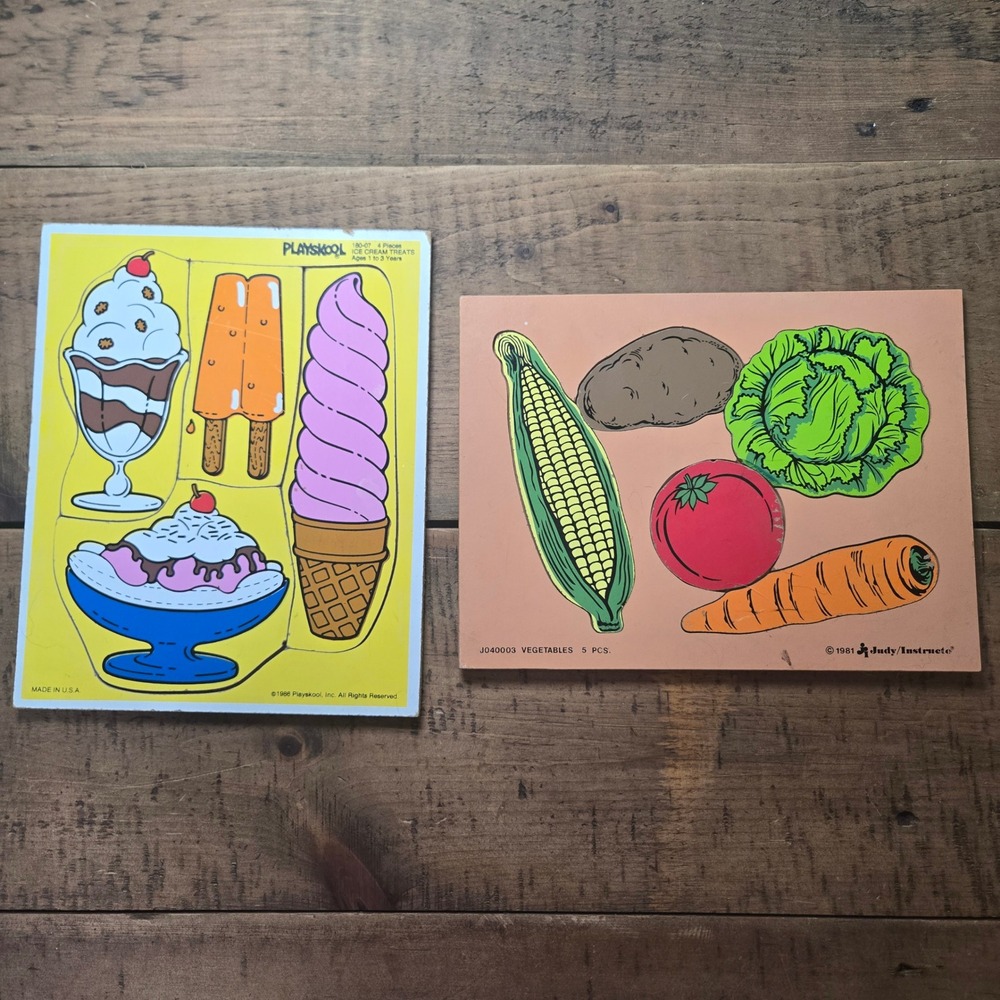 Vintage 80s Playskool Ice Cream & Judy Instructo Vegetable Wood Inlay Puzzle Set
